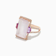 The 14K Rose Gold Pink Rose Quartz, Pink Amethyst and Diamond Ring showcases a large rectangular rose quartz center, pink amethyst accents, and sparkling diamonds outlining the stone and band, all displayed on a white background.