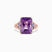 The 14K Rose Gold Amethyst, Tanzanite and Diamond Cocktail Ring (7.60 TCW) showcases a large rectangular amethyst center, flanked by tanzanites and sparkling diamonds set along the detailed rose gold band.