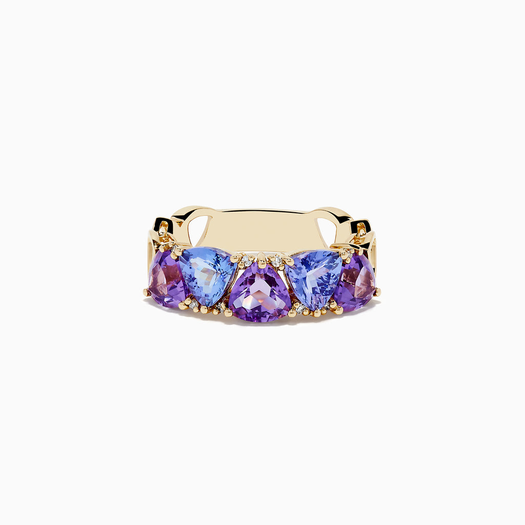The 14K Yellow Gold Amethyst, Tanzanite and Diamond Ring features three large triangular amethyst and tanzanite stones with small round diamonds, shown on a white background.