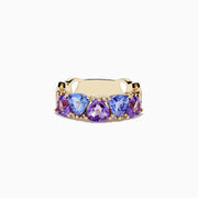 The 14K Yellow Gold Amethyst, Tanzanite and Diamond Ring features three large triangular amethyst and tanzanite stones with small round diamonds, shown on a white background.