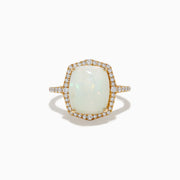 The Aurora 14K Yellow Gold Opal and Diamond Ring showcases a large rectangular opal center, surrounded by a halo of sparkling diamonds with additional diamonds adorning the band.