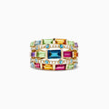 The Mosaic 14K Yellow Gold Multi Gemstone and Diamond Ring, 3.90 TCW, features diamonds and multi-colored gemstones in three rows with various shapes and sizes, including blue, green, yellow, pink, purple, and clear stones.
