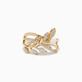 The Aurora 14K Yellow Gold Opal and Diamond Leaf Ring features a leafy branch design, adorned with shimmering opals and sparkling diamonds throughout the leaves and branches.