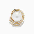 The 14K Yellow Gold Fresh Water Pearl and Diamond Statement Ring showcases a large central freshwater pearl, accented by curved rows of rectangular diamonds on the band, set against a white background.