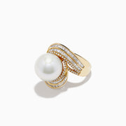 The 14K Yellow Gold Fresh Water Pearl and Diamond Statement Ring showcases a large central freshwater pearl, accented by curved rows of rectangular diamonds on the band, set against a white background.