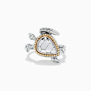 The Seaside Sterling Silver and 18K Gold Turtle Ring showcases a triangular shell-like centerpiece accented with gold beads, elegantly set against a plain white background.