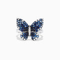 The Nature Sterling Silver Blue Sapphire Splash Butterfly Ring, 1.70 TCW, features blue sapphires and white gemstones artfully set to highlight the wings and body of the butterfly design.
