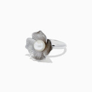 The 925 Sterling Silver Cultured Fresh Water Pearl Flower Ring features a textured floral design with a large round pearl centerpiece, shown against a white background.