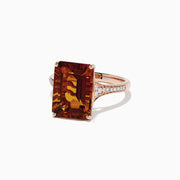 The Sunset 14K Rose Gold Citrine and Diamond Cocktail Ring, 7.01 TCW, features a large rectangular citrine centerpiece with diamonds on the band, displayed against a white background.