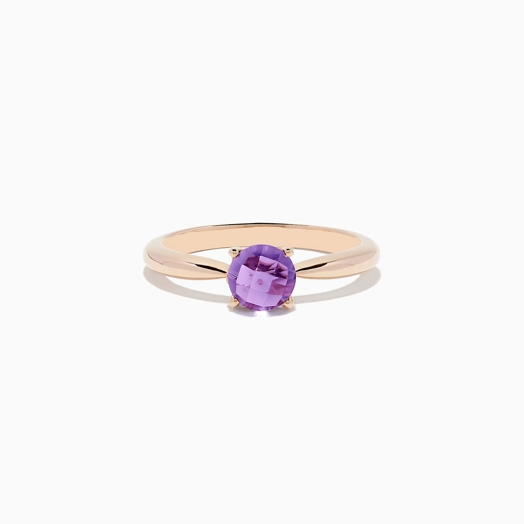 A 14K rose gold ring features a round-cut amethyst gemstone (0.81 TCW) in a classic prong setting against a white background—an elegant Amethyst Ring perfect for any occasion.