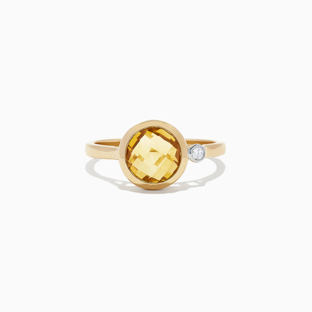 The Sunset 14K Yellow Gold Citrine and Diamond Ring, 1.53 TCW, features a round faceted citrine centerpiece accented by a small round diamond, shown against a plain white background.
