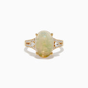 The Aurora 14K Yellow Gold Diamond and Opal Ring showcases a large oval opal center, accented by rows of sparkling diamonds on each side, all set in polished yellow gold.