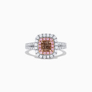 The 18K Gold White, Pink and GIA Certified Pinkish-Brown Diamond Ring features a stunning 1.44 TCW square pinkish-brown diamond with pink and white diamond halos, showcasing quality and brilliance.