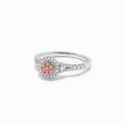 The 18K Two Tone Gold Pink and White Diamond Ring, 0.36 TCW, features a cluster of pink stones in an oval setting with a halo of white diamonds and additional diamonds on the band.