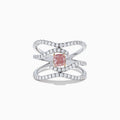 A GIA Certified 18K white gold ring with three wavy diamond-studded bands and a rectangular pinkish-brown diamond centerpiece, 1.29 TCW.
