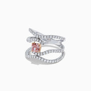 A GIA Certified 18K white gold ring with three wavy diamond-studded bands and a rectangular pinkish-brown diamond centerpiece, 1.29 TCW.