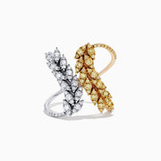 The 14K Two Tone Gold Yellow Diamond and White Diamond Ring, 1.00 TCW, features two intertwined leaf designs—one in white gold with white diamonds, the other in yellow gold with yellow diamonds—on a white backdrop.