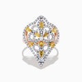 The 14K Rose Gold Yellow and White Diamond Filagree Ring, 1.55 TCW, showcases a large pointed design with yellow teardrop gemstones and white diamonds set in ornate patterns on a filigree band.