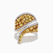 The 14K Yellow Gold Yellow and White Diamond Wrap Ring, 3.50 TCW, features abstract clusters of yellow and white diamonds separated by two curved rows of white diamonds for a modern touch.