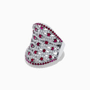The 14K White Gold Ruby and Diamond Ring, 2.11 TCW, features rows of sparkling diamonds in a lattice pattern, accented with small round rubies along the edges and at the center of each diamond cluster.