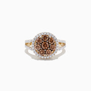 The 14K Yellow Gold Espresso and White Diamond Ring features a round cluster of brown diamonds, haloed by white diamonds with more along the split shank. Totaling 1.45 TCW, this elegant ring highlights each white diamond’s brilliance.