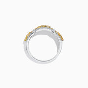 The 14K White Gold Fancy Yellow and White Diamond Ring, 1.00 TCW, features two rows of white diamonds framing a central row of yellow diamonds in a rectangular setting for a striking look.