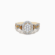 A 14K Yellow Gold ring showcasing white and fancy yellow diamonds in an oval cluster design, with a total carat weight of 1.00 TCW.