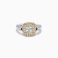 The 14K White and Yellow Gold Diamond Ring, 1.25 TCW, showcases a rectangular diamond cluster framed by gold-accented stones and extra diamonds along a split shank band in elegant two-tone gold.
