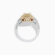 The 14K White and Yellow Gold Diamond Ring, 1.25 TCW, showcases a rectangular diamond cluster framed by gold-accented stones and extra diamonds along a split shank band in elegant two-tone gold.