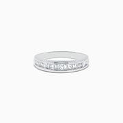 The 14K White Gold Channel Set Diamond Band, 0.50 TCW, features channel-set square-cut diamonds in a sleek white gold band, shown against a white background.