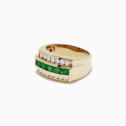 Men’s 14K yellow gold ring featuring a wide, flat band set with a central row of vivid emeralds flanked by two rows of round white diamonds, totaling 1.78 carats.