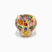 The Watercolors 14K Gold Multi Sapphire, Diamond & Emerald Panther Ring features a panthers head design with sapphires, diamonds, and emeralds, displayed against a plain white background.