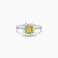 The Canare 14K Two Tone Gold Yellow and White Diamond Ring features a square yellow gemstone center, haloed by white diamonds with additional diamonds along the band.