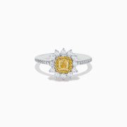 The Canare 14K Two Tone Gold Yellow and White Diamond Ring features a square yellow gemstone center, haloed by white diamonds with additional diamonds along the band.