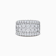 The Pave Classica 14K White Gold Diamond Wide Band Ring, 1.54 TCW, showcases three rows of brilliant-cut diamonds with outer borders of smaller stones, all set symmetrically in polished white gold.