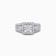 The Bouquet 14K White Gold Diamond Cluster Ring 1.4 TCW features a square-cut center diamond with a double halo and split shank band, all set with diamonds, shown on a plain white background.