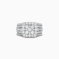 The Bouquet 14K White Gold Diamond Ring Set showcases a large square cluster of round diamonds at the center, with extra diamonds along its multi-band design, set against a white background.