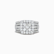 The Bouquet 14K White Gold Diamond Ring Set showcases a large square cluster of round diamonds at the center, with extra diamonds along its multi-band design, set against a white background.