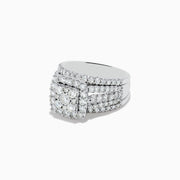 The Bouquet 14K White Gold Diamond Ring Set showcases a large square cluster of round diamonds at the center, with extra diamonds along its multi-band design, set against a white background.