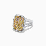The Effy 14K Two Tone Gold Yellow and White Diamond Ring, 1.60 TCW, features a rectangular cluster design with yellow and white diamonds set on a split gold band.