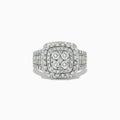The Bouquet 14K White Gold Diamond Ring 1.96 TCW features a square diamond cluster center, two rows of accent diamonds, and a triple diamond-encrusted band, shown on a white background.