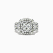 The Bouquet 14K White Gold Diamond Ring 1.96 TCW features a square diamond cluster center, two rows of accent diamonds, and a triple diamond-encrusted band, shown on a white background.