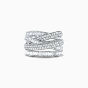 The Classique 14K White Gold Diamond Crossover Ring, 1.47 TCW, features interwoven rows of baguette and round diamonds in a white gold setting, creating an elegant, crisscross design.