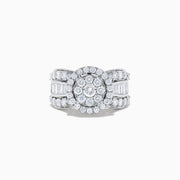 The Bouquet 14K White Gold Diamond Cluster Ring features a large round diamond cluster center, two rows of smaller diamonds, and extra stones along the band for a dazzling 2.51 total carat weight.