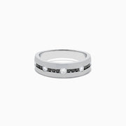 The Mens 14K White Gold Black and White Diamond Ring, 0.48 TCW, features alternating black and white round diamonds set in a row across the band, displayed on a plain white background.