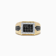 Mens Two Tone Gold Black and White Diamond Ring, 1.00 TCW, features a square setting with black and white diamonds in the center, clear stones framing it, and black stones on each side.