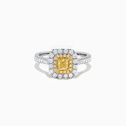 The Canare 18K Two Tone Gold Cushion Double Halo Yellow Diamond Ring, 0.97 TCW, features a square yellow diamond center with double white diamond halos and additional diamonds on the band.