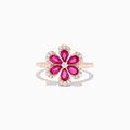 The Nature 14K Rose Gold Ruby and Diamond Flower Ring, 1.76 TCW, features five ruby petals outlined with white diamonds and a central round diamond in a flower design.