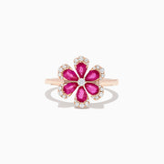 The Nature 14K Rose Gold Ruby and Diamond Flower Ring, 1.76 TCW, features five ruby petals outlined with white diamonds and a central round diamond in a flower design.