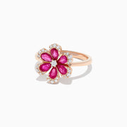 The Nature 14K Rose Gold Ruby and Diamond Flower Ring, 1.76 TCW, features five ruby petals outlined with white diamonds and a central round diamond in a flower design.